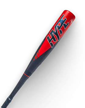 Red and blue baseball bat with HYPE written prominently on the barrel.